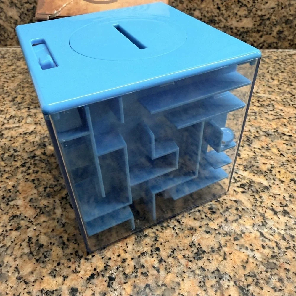Thinkmax Money Maze Cube Puzzle Bank Blue Plastic Coin Cash Toy Game Box